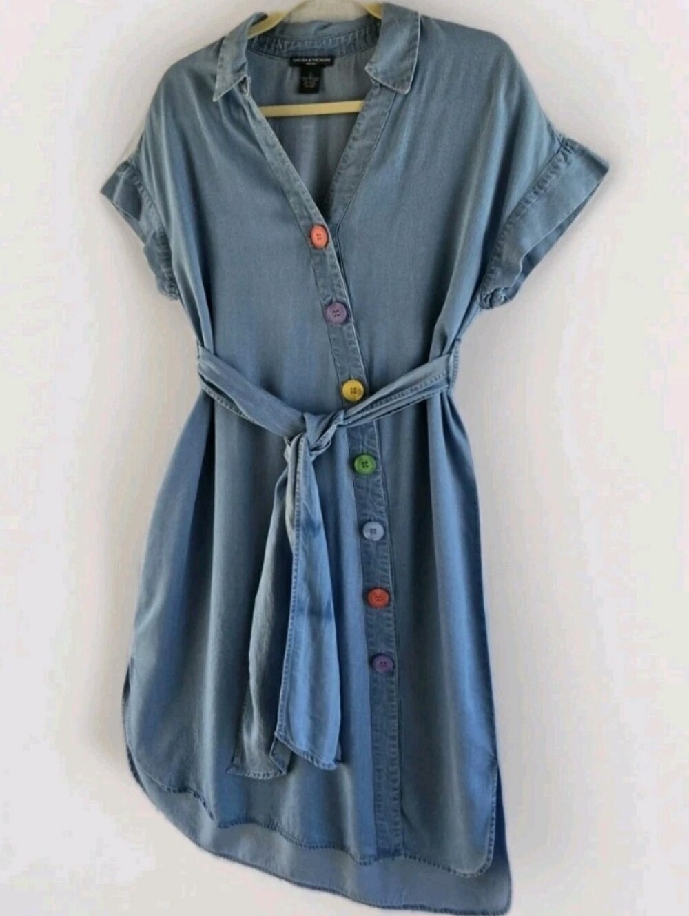 Chelsea & Theodore Women’s Light Blue Denim Dress Colorful Buttons Sz L - Picture 7 of 7